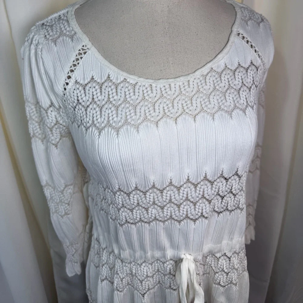 Free People ‘Fire Island’ Embroidered Keyhole Open Knit Peasant Top in White M
